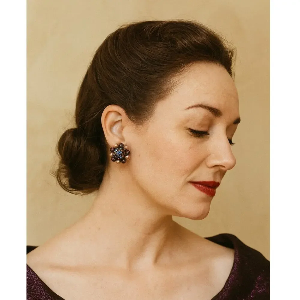 Vintage Cluster Bead Clip On Earrings Japan Earrings Purple